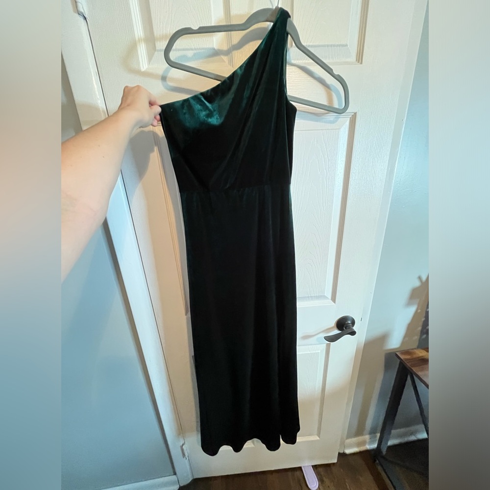 JENNY YOO BRIDESMAID DRESS - one shoulder emerald green velvet dress -altered